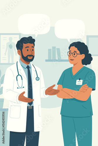 Doctor and nurse in conversation at the hospital. Medical team collaboration and discussion. Healthcare professionals, clinic staff consultation. Modern flat vector cartoon illustration.