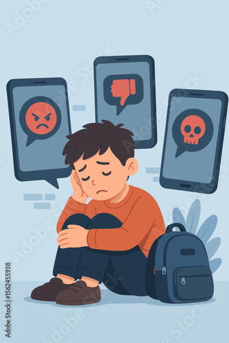 Cyberbullying concept. Sad depressed school boy victim of online harassment and hate speech. Unhappy child suffering from bullying messages on smartphone. Mental health vector.