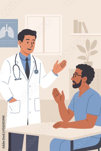 Doctor talking to a male patient during a medical consultation in a clinic office. Physician giving professional advice about diagnosis or treatment. Healthcare and medicine concept.