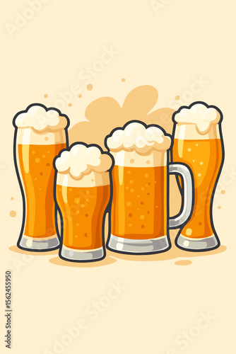 Set of beer glasses with frothy foam. Draught lager or ale in various pint, mug, and pilsner glasses. Modern flat vector cartoon illustration for pub menu, brewery, Oktoberfest.