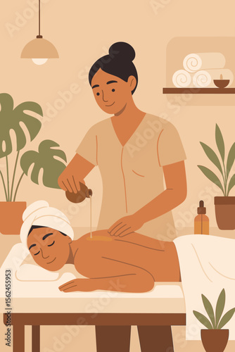 Professional masseuse doing therapeutic back massage with warm oil. Female client relaxing on table in spa salon. Wellness, body care, and aromatherapy concept. Flat vector illustration.
