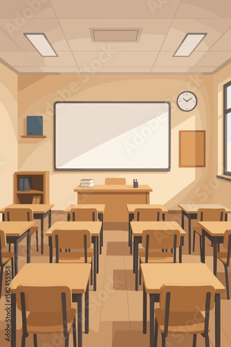 Empty school classroom interior with student desks, chairs and blank whiteboard. Modern university or college lecture hall background. Education, learning concept vector illustration.