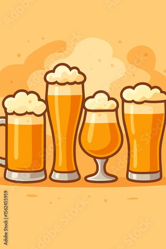 Vector illustration of various beer glasses with foam. Set of draught lager and ale in mug, pint, and tulip glass. Concept for pub menu, brewery advertising, or Oktoberfest party.