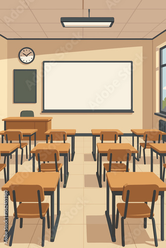Empty classroom interior with whiteboard and desks. Modern school or college lecture hall. Education and learning concept. Back to school background. Flat vector cartoon illustration.