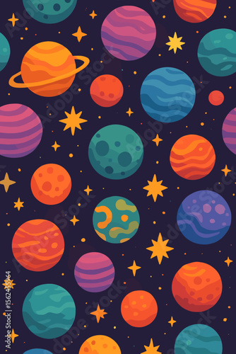 Space seamless pattern with cute cartoon planets, stars, and galaxy. Cosmic adventure background for kids. Fantastic universe childish print for textile, fabric, wallpaper. Vector.