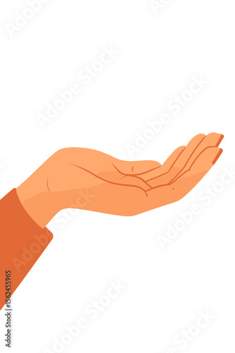 Woman's empty cupped hand holding an invisible object. Female open palm gesture for giving, receiving, showing, care or charity. Modern flat vector cartoon illustration isolated.