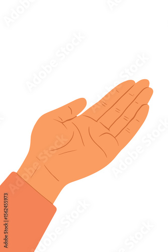 Empty open hand holding, giving, or receiving gesture. Concept for charity, donation, support, and help. Human palm asking or presenting something. Vector flat cartoon illustration.