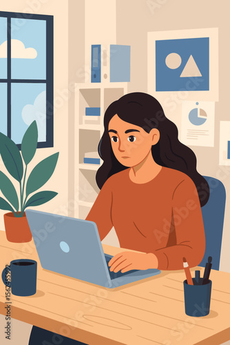 Focused woman working on laptop in a creative office or home office. Concept of remote work, freelancing, or studying. Businesswoman character at her desk. Modern flat vector illustration.