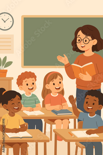 Happy diverse children in classroom listening to teacher. Elementary school lesson concept. Multicultural students learning, with one boy raising his hand. Back to school vector illustration.