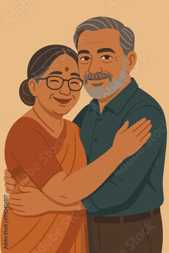 Elderly Indian Couple Embracing, Traditional Clothing, Senior Love, Family Bond, Affectionate Husband and Wife, Modern Flat Vector Illustration, Warm Relationship, Happy Marriage Concept