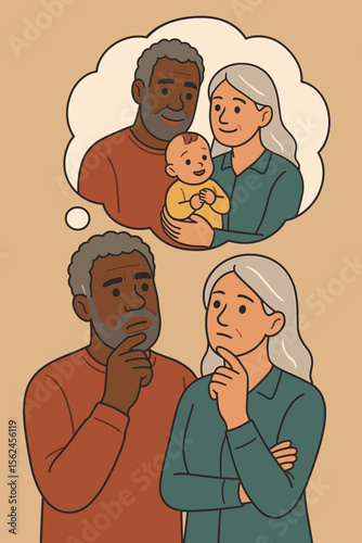 Thoughtful mature interracial couple planning future family, dreaming of parenthood, considering having children, flat vector illustration, diverse adults imagining family life, parenting concept