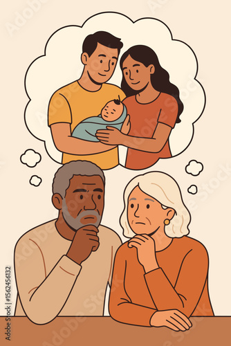 Mature Multiethnic Couple Dreaming of Parenthood and Family Future, Thoughtful Elderly Partners Imagining Young Parents with Baby, Generational Connection, Flat Vector Illustration