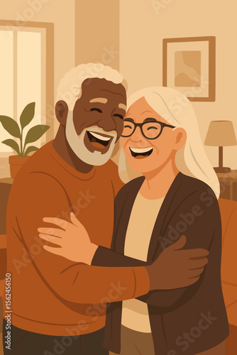 Mature multiethnic couple embracing at home, affectionate relationship, interracial love, elderly partners, cozy living room, modern flat vector illustration, retirement, companionship, togetherness