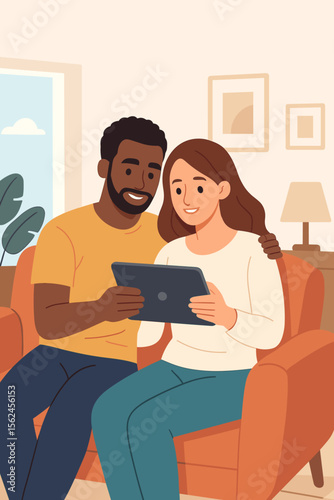 Multiracial couple relaxing together at home using digital tablet, sitting on sofa, cozy living room interior, technology lifestyle, modern flat vector illustration, leisure and connection concept