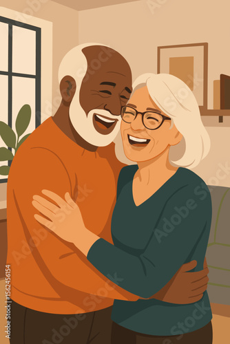Loving mature multiethnic couple embracing at home, interracial senior relationship, affection, happiness, togetherness, cozy modern interior, flat vector illustration for family lifestyle concepts
