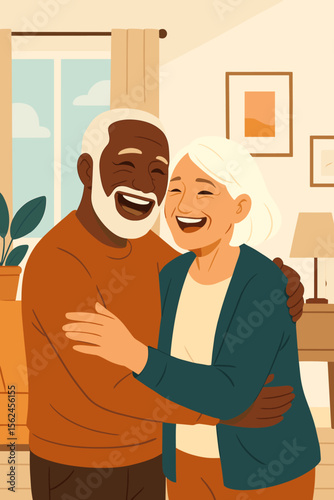 Happy senior interracial couple embracing at home, affectionate elderly partners smiling, love and companionship in cozy living room, modern flat vector illustration, retirement lifestyle concept