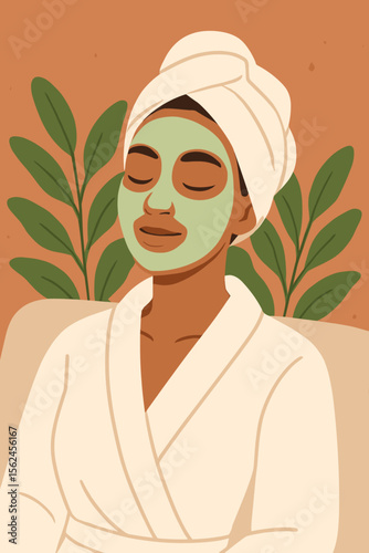 Serene African American Woman Relaxing in Spa Robe and Towel Turban, Modern Flat Vector Illustration, Self Care Wellness, Natural Beauty, Tranquil Home Spa, Greenery Background, Relaxation Concept