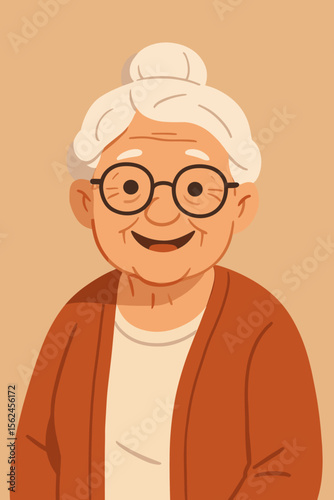 Cheerful elderly grandmother smiling with glasses, white hair in bun, warm sweater, friendly senior woman portrait, modern flat cartoon vector illustration, happy old lady character design