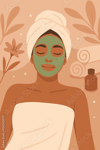 Spa relaxation woman wellness treatment. Female wrapped in towel with turban, floral background, essential oil, towels. Self care, beauty therapy, aromatherapy, modern flat vector illustration
