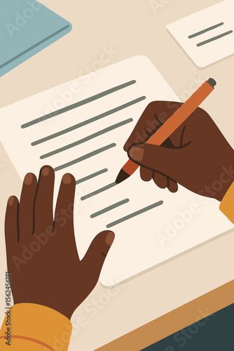 African American hands writing on paper at desk. Education, homework, studying, learning, note taking, schoolwork, student, classroom, academic, test, exam, modern flat vector illustration