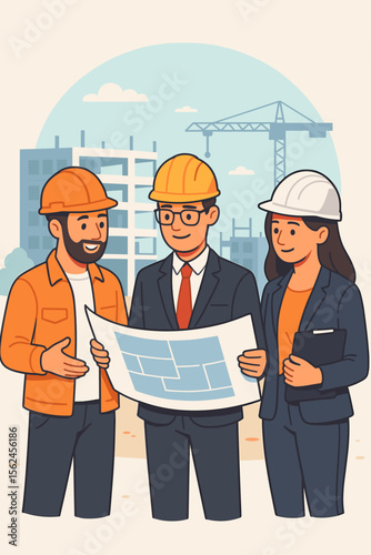 Construction project team meeting on building site. Engineers and architects in hard hats discussing blueprints, teamwork collaboration, urban development, planning, modern cartoon vector illustration