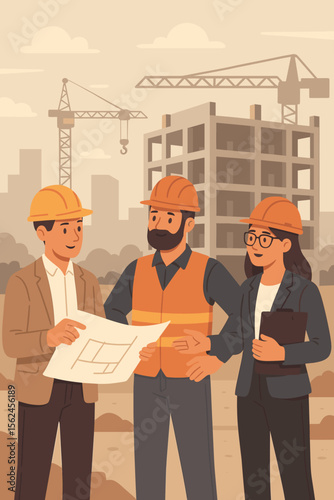 Construction site meeting with engineers, architects, and project manager reviewing blueprints. Modern building development, teamwork, collaboration, hard hats, cranes, urban planning illustration