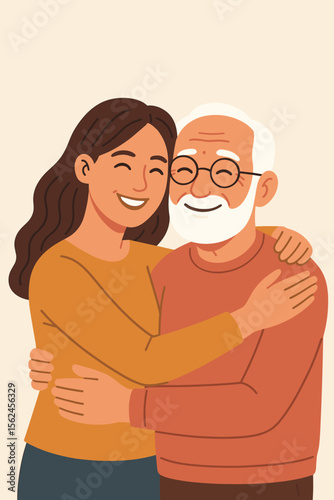 Happy daughter hugging elderly father. Family love, intergenerational relationship, smiling people, affectionate embrace, senior parent and adult child, warm bond, flat cartoon vector illustration