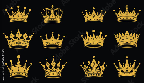 Golden crown emblems arrangement on a white backdrop representing royalty elegance and prestige for various design applications