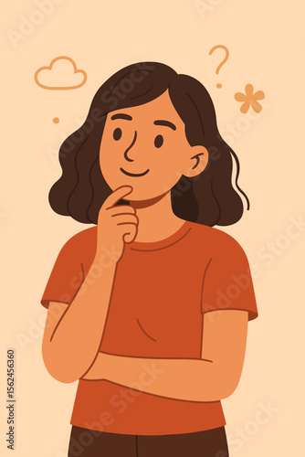 Thoughtful young woman thinking, hand on chin, question mark, modern flat vector illustration. Female character in casual clothes, curiosity, decision making, problem solving, contemplation concept