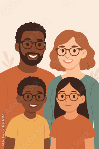 Happy multiethnic family portrait. Diverse parents with children standing together. Modern flat cartoon vector illustration. Interracial family, togetherness, love, unity, parenting, diversity concept