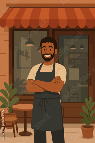 Modern flat vector illustration of small business owner or barista standing confidently with arms crossed outside cozy café or coffee shop, urban entrepreneurship, local business concept