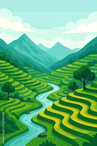Lush Asian rice terraces landscape vector. Vibrant green terraced hills, flowing river, scenic mountains, trees, clouds. Agricultural terrace farming, rural nature, countryside panorama illustration.
