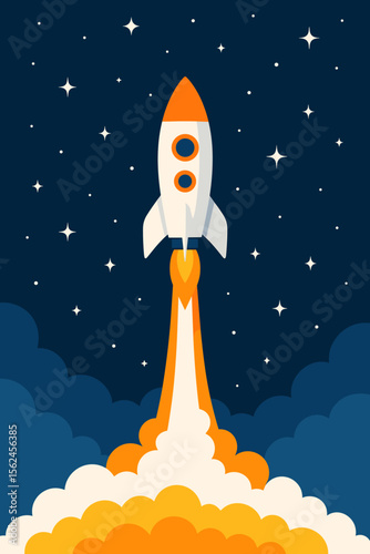 Retro rocket launch in night sky with stars. Vector illustration of spaceship blasting off, leaving Earth, space travel adventure, modern flat cartoon, cosmic exploration, science technology concept