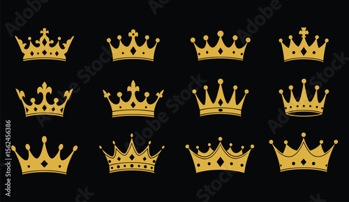 Golden crown icons arranged as a pattern on black representing royalty luxury and premium products or services for design