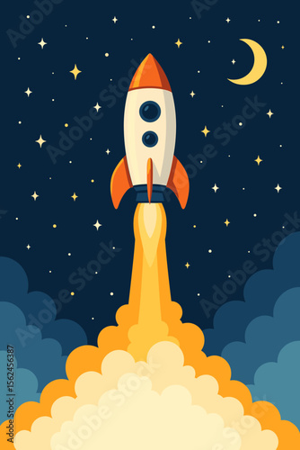 Space rocket launch at night with stars and crescent moon. Vector illustration of spaceship taking off, blasting through clouds, leaving Earth, space exploration, adventure, modern flat cartoon