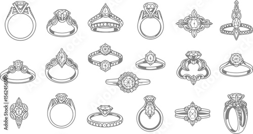 Twenty different engagement ring designs vector illustration of various styles and settings perfect for jewelry stores and wedding themes