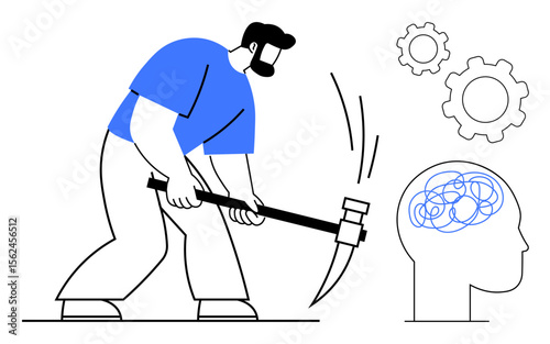 Man using pickaxe to tackle complex thoughts in head outline cogwheels symbolize problem-solving and innovation. Ideal for mental health, clarity, focus, strategy, brainstorming, productivity, simple