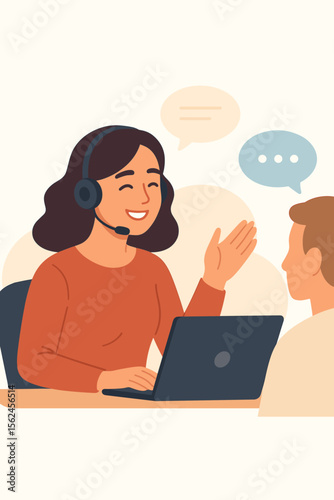 Customer support representative woman wearing headset assisting client online, modern flat vector illustration, call center operator, remote help desk, communication, technology, consulting