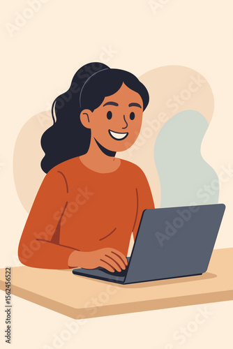 Young woman working remotely on laptop at desk, modern flat vector illustration. Female freelancer, online learning, remote work, home office, digital workspace, productivity, technology concept