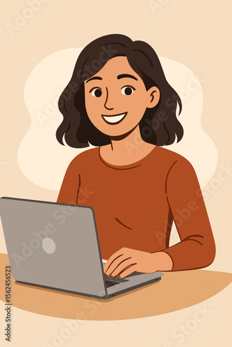 Woman working remotely on laptop at desk. Modern flat vector illustration of female freelancer, student, or office worker using computer. Home office, remote work, digital workspace concept