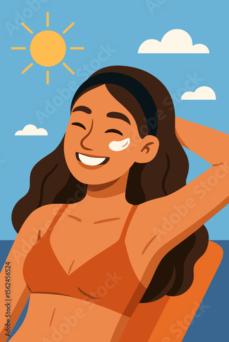 Relaxed young woman sunbathing on beach chair in bikini under bright summer sun, enjoying vacation, tanning, leisure, outdoor relaxation, flat modern vector cartoon, seaside holiday concept