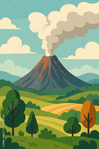 Active smoking volcano erupting with thick smoke in scenic mountain landscape, lush green fields, rolling hills, and diverse trees under blue sky. Nature disaster vector illustration
