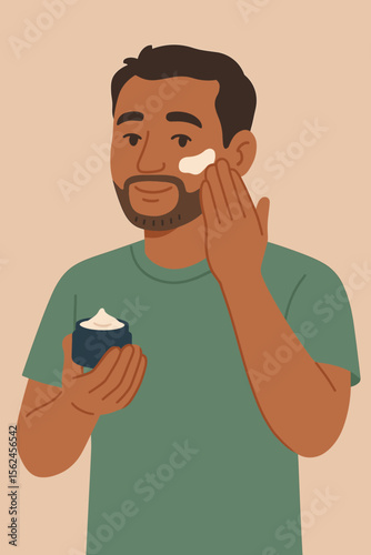 Man applying face cream skincare routine. Male self-care, moisturizing, grooming, healthy skin, daily hygiene, beauty treatment, personal care, wellness, modern lifestyle, flat vector illustration