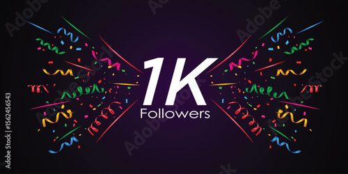 1K Followers Celebration Social Media Post Background Template – Creative Typography Design with Confetti for Banner, Poster, Card