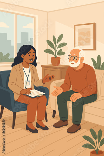 Social worker visiting elderly man at home, counseling session, support and care, mental health, senior assistance, modern flat vector cartoon, friendly conversation, social services