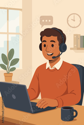 Customer service representative working remotely at desk with laptop and headset, modern office interior, online support, communication, flat vector illustration, workplace productivity concept