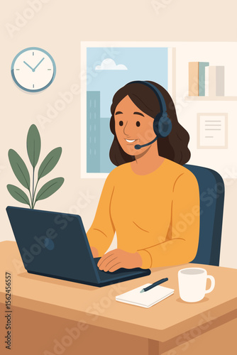 Professional customer service representative working remotely at office desk with laptop, headphones, coffee cup, notepad, modern workspace, communication support, flat vector illustration
