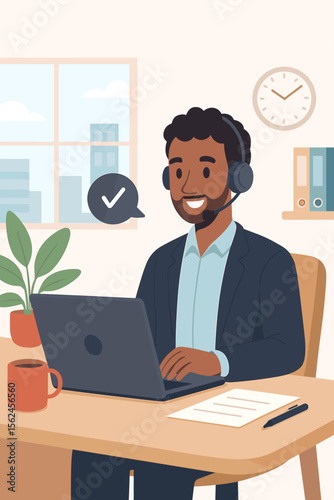 Professional customer service representative at office desk with headset, laptop, coffee, documents, modern workspace, communication support, remote work, business help concept illustration