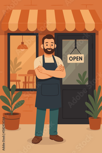 Confident small business owner in apron standing arms crossed at cafe entrance, open sign, modern flat vector illustration, coffee shop exterior, entrepreneurship, hospitality concept