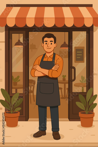 Confident cafe owner standing with arms crossed at coffee shop entrance, modern flat vector illustration, small business success, hospitality industry, restaurant storefront, urban lifestyle